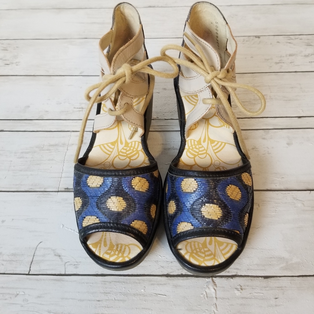 Fly London Yeji Woven Leather Lace Ankle Open Toe Wedge Sandals